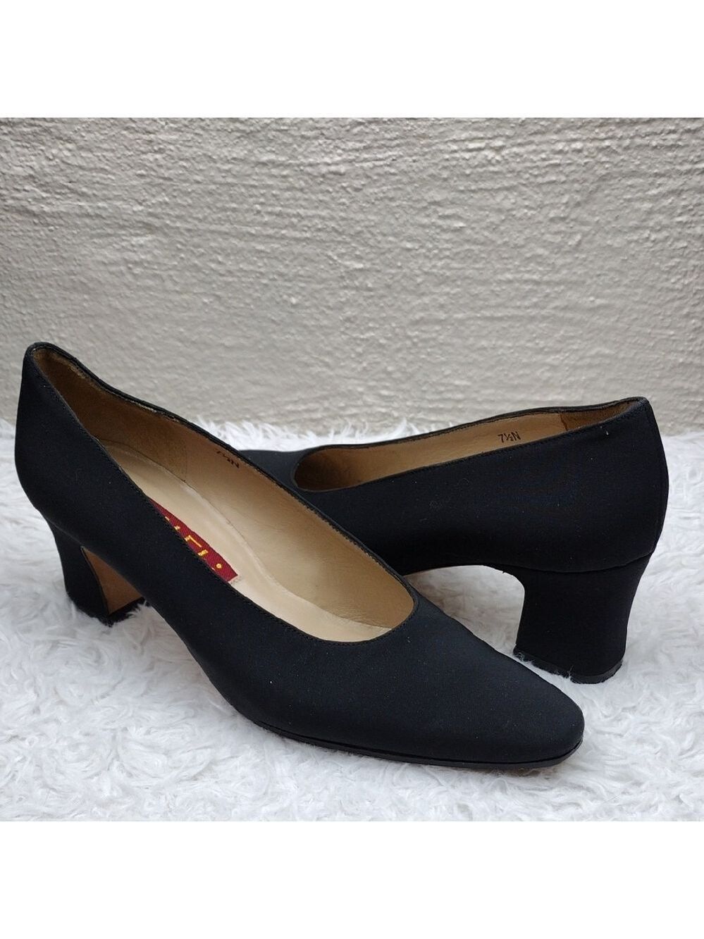 Van Eli East Vintage Black Fabric Square Toe Mid Block Heel Slip On Dress Shoe
